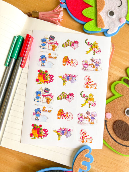 Christmas Strawberry Friends 80s Cartoon Nostalgic Sticker Sheet (one count) | Cute Stationery , Bujo Stickers, Planner, Bullet Journal Shor